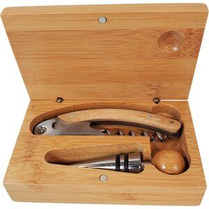 Corkscrew / Bottle Opener Tool and Bottle Stopper in Wooden Box